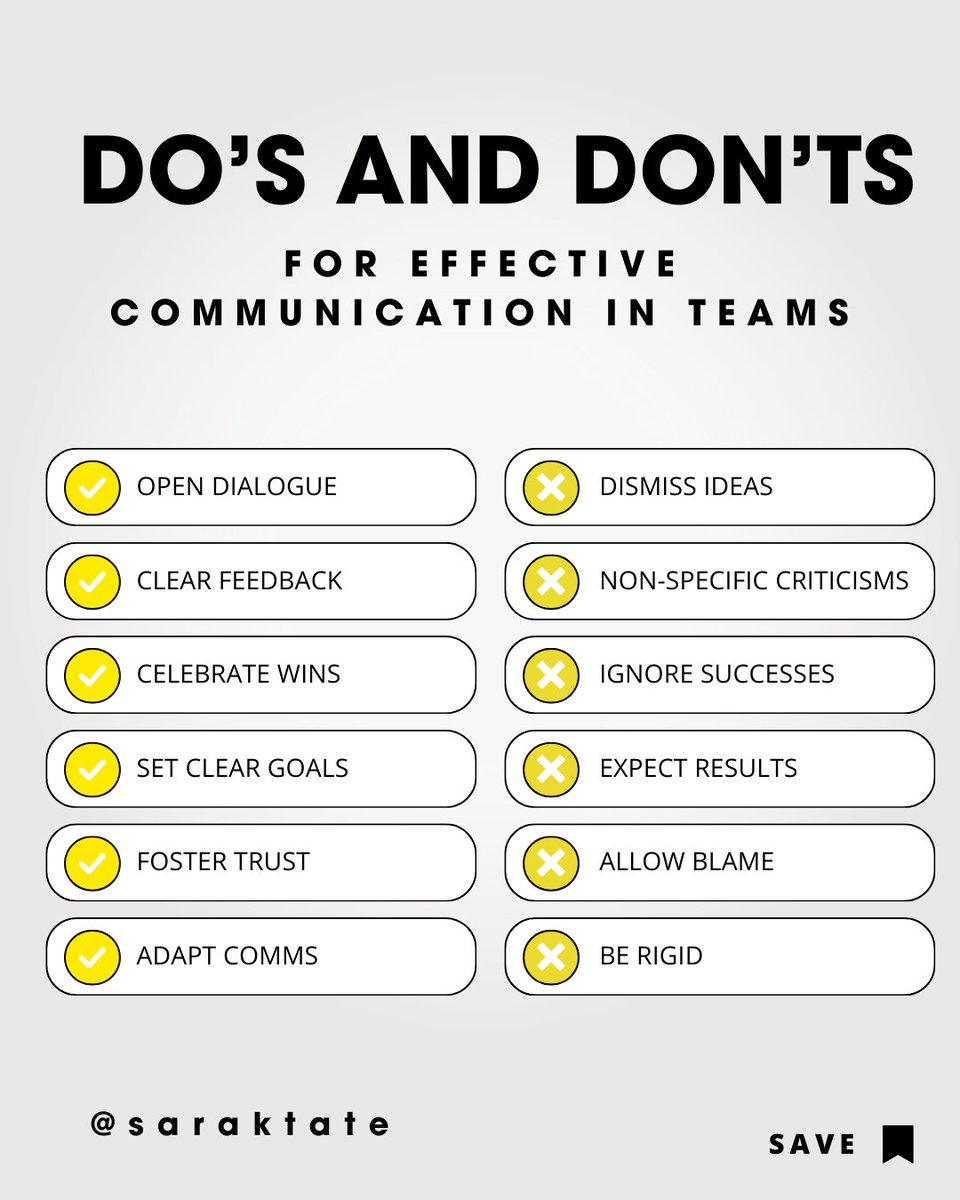 Sara Tate she/her (@saraktate) on Twitter photo Implementing these do's and avoiding the don'ts can revolutionise your team's effectiveness.
What's your top strategy for maintaining effective communication within your team? Implementing these do's and avoiding the don'ts can revolutionise your team's effectiveness.
What's your top strategy for maintaining effective communication within your team?