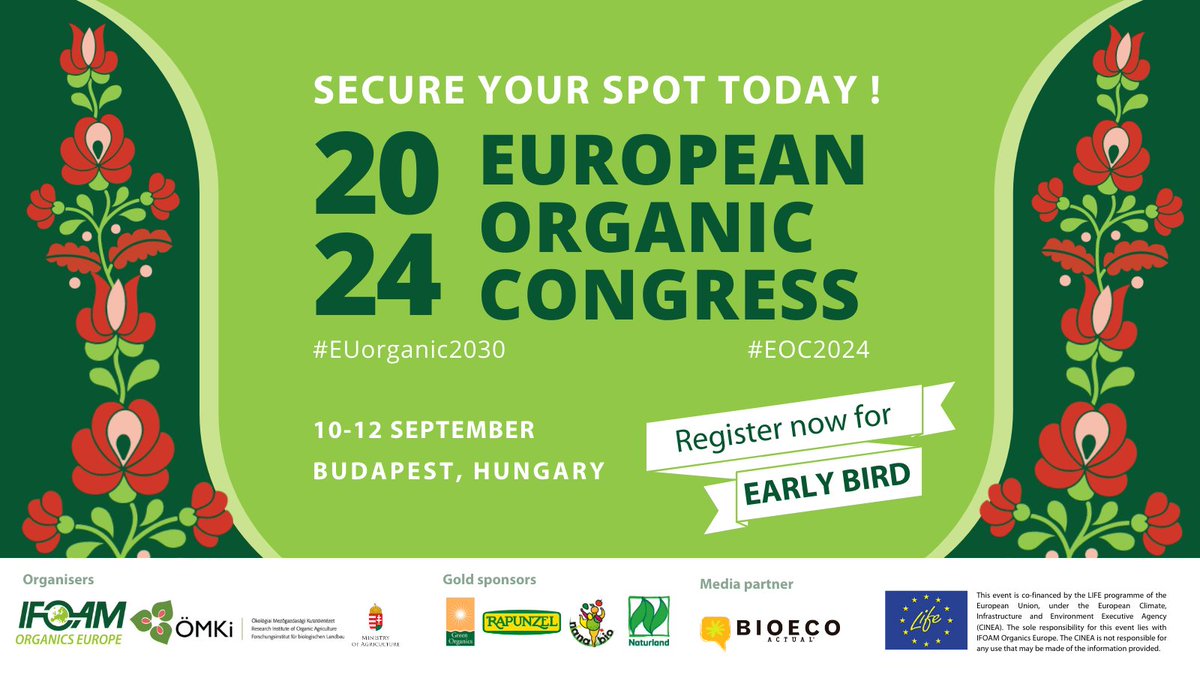 On 10-12 September, <a href="/OrganicsEurope/">IFOAM Organics Europe</a> &amp; <a href="/omki_research/">ÖMKi</a> await you in Budapest 🇭🇺 for the European Organic Congress #EOC2024!
Join the discussion on many 🔥 topics &amp; learn about local organic insights at the congress excursion. Register now 👉 europeanorganiccongress.bio