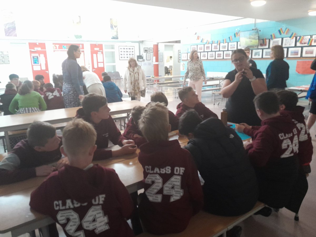 staidanscbs's tweet photo. Tuesday's visit from some 6th class students from our local primary schools who visited us for a little tour. Here they are chatting to their Year Head, Ms Thompson with some teachers and SNAs. #6thClass #EREBB https://t.co/DXHKwVJvzr