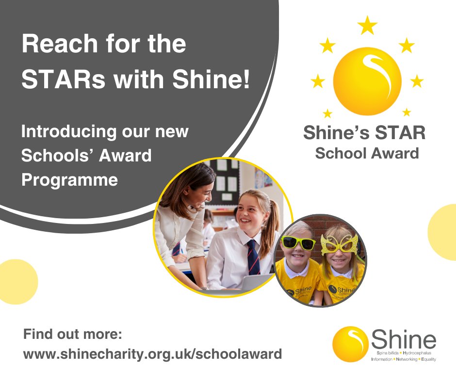 We are launching Shine's STAR School Award!

FREE unique recognition programme designed to improve SEND provision where all children with #Hydrocephalus and / or #SpinaBifida can achieve their potential.

Find out more 👉shinecharity.org.uk/schoolaward