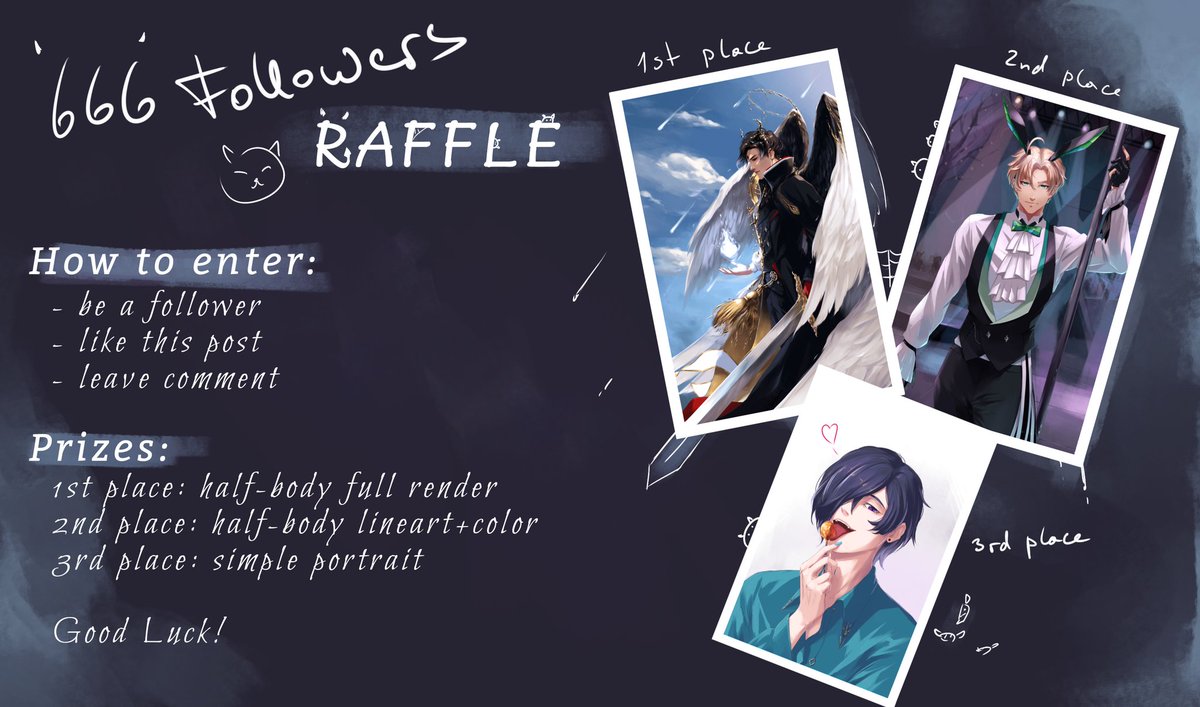 Yurei471's tweet photo. To celebrate 666 followers (and 1 year since I started to draw again >_<) I will be holding an art raffle til 22nd June. To enter:

- be a follower
- like this post
- leave comment with character you want to be drawn

Good luck!

Prizes and notes in the following comments. https://t.co/Lvb10IzznR