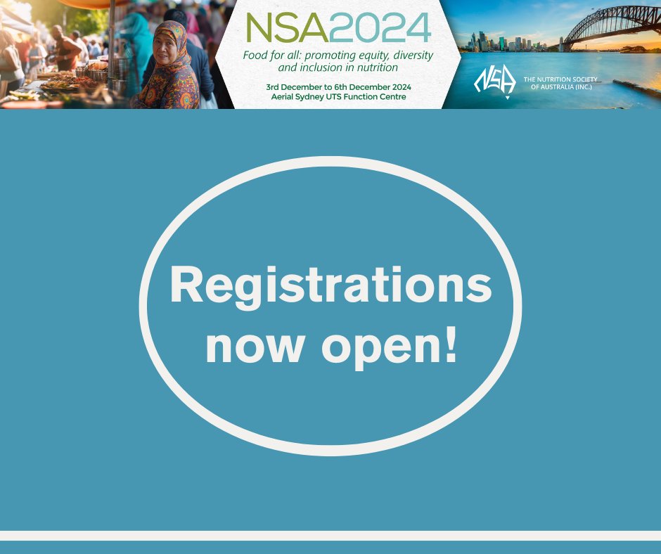 Registrations for our 48th Annual Scientific Meeting are now open! 

Join us to delve into the theme 'Food for All: Promoting Equity, Diversity, and Inclusion in Nutrition'. 
UTS Aerial,  Sydney 
3-6 December 2024

Register now! ow.ly/spel50Sbp95
#NSAus2024
