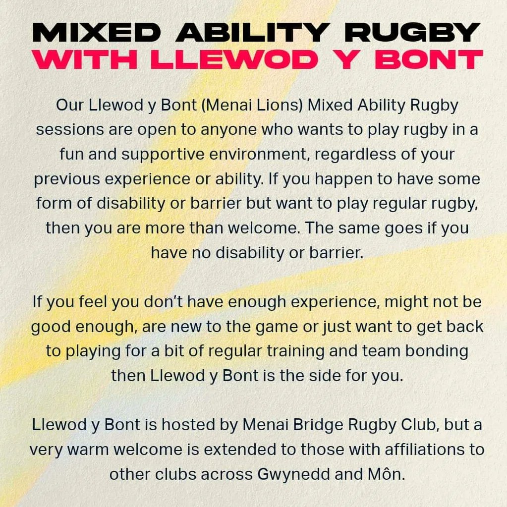 CRPorthaethwy's tweet image. Here's a reminder of what our mixed ability rugby sessions are all about.
Next session this Sunday - 11-12.30. New players always welcome 🏉🦁