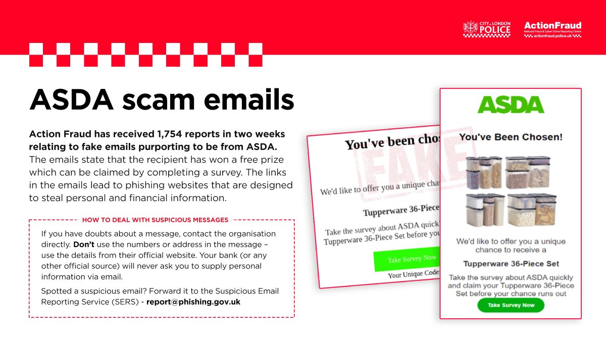 reportfrauduk's tweet photo. ⚠️ SCAM ALERT⚠️

ℹ️We've received over 1,700 reports about FAKE emails purporting to be from ASDA. The emails are designed to trick people into completing a survey in order to claim a free prize. 

✅ If you receive a suspicious email, you can report it by forwarding the email to: report@phishing.gov.uk

Your reports enable the removal of malicious emails and websites that are used to perpetrate fraud and cyber crime.

#PhishyFridays