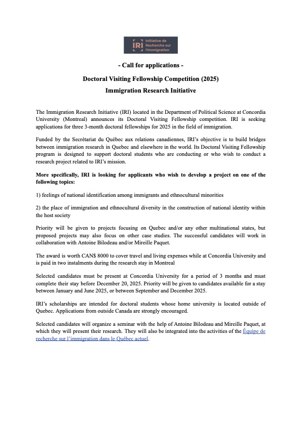IMISCOE (@imiscoe) on Twitter photo 🗣️New visiting doctoral fellowships <a href="/Concordia/">Concordia University</a> University, Montreal!
👉The Immigration Research Initiative (IRI), Department of Political Science
🖊️Applications will be accepted until September 15, 2024
👀Find out more: irimmigration.org/bourse-doctora… 🗣️New visiting doctoral fellowships <a href="/Concordia/">Concordia University</a> University, Montreal!
👉The Immigration Research Initiative (IRI), Department of Political Science
🖊️Applications will be accepted until September 15, 2024
👀Find out more: irimmigration.org/bourse-doctora…