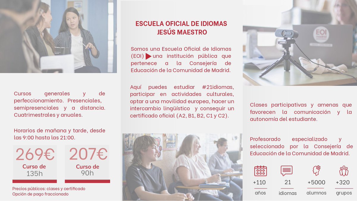 ¿Quieres estudiar uno de nuestros #21idiomas??  
Abierta la admisión en <a href="/EOIjesusmaestro/">EOI Jesús Maestro</a>‼️ 
🔛Cursos generales y de perfeccionamiento 
🔛Presenciales, semipresenciales, telepresenciales, híbridos y a distancia 👀👀
🔛Mañana y tarde 
📲site.educa.madrid.org/eoi.jesusmaest…