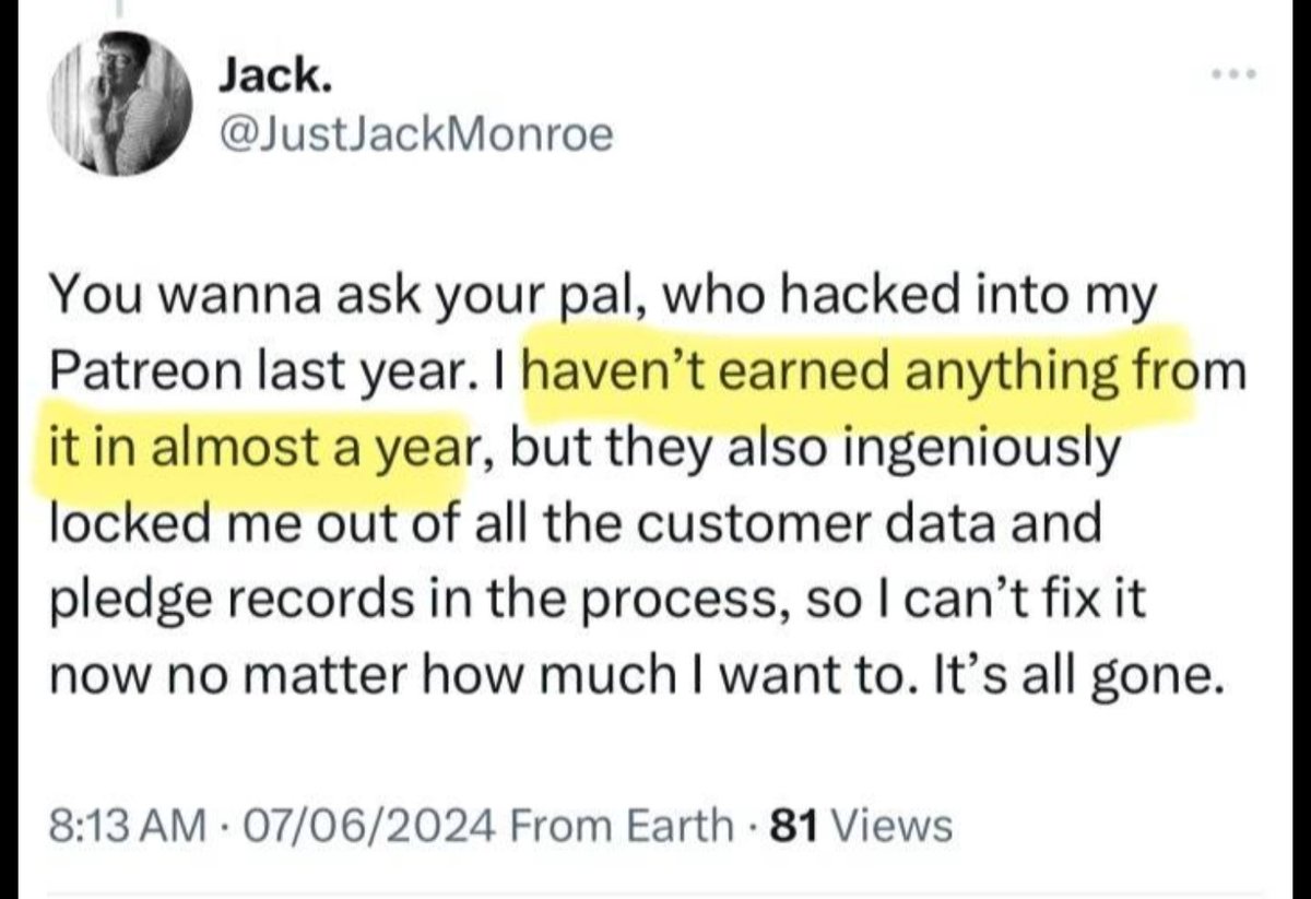 NESzapp's tweet photo. Jack Monroe @JustJackMonroe discloses that patreon subs/donations are essentially going into a void and @Patreon hasn't bothered to warn any of her backers for a year that they are taking 100%... @Patreon can you please do something about this? Why are you stealing money?? https://t.co/Gx8xe7e2JX