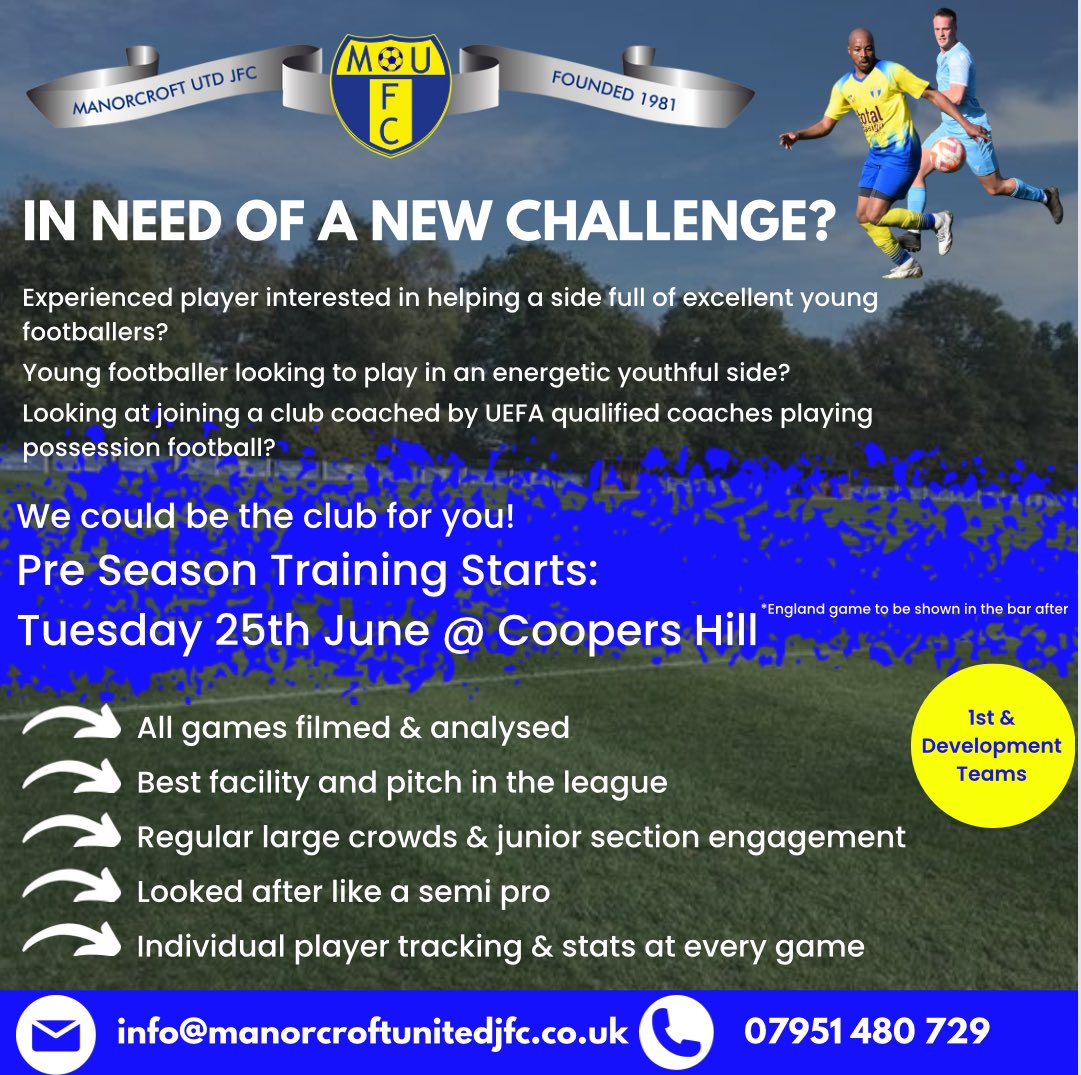 MUJFC_Official's tweet photo. Pre Season for the 1st &amp; Development Teams starts on Tuesday 25th June followed by the England game in the bar. 

📆25th June
🕣6-7:45pm
📍Coopers Hill Lane, Englefield Green, TW20 0GP

*Training will usually take place 7:30-9pm

📧Info@manorcroftunitedjfc.co.uk

@FreeAgentsFC https://t.co/BspCOILv5x