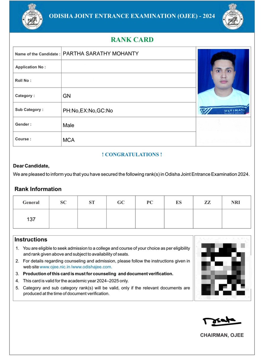 Pleased to share that I secured a rank of 137 in the OJEE MCA results! This milestone is a testament to the hard work and support from my family, and friends. Excited for the opportunities ahead! #OJEE #MCA #Results #Achievement #Gratitude