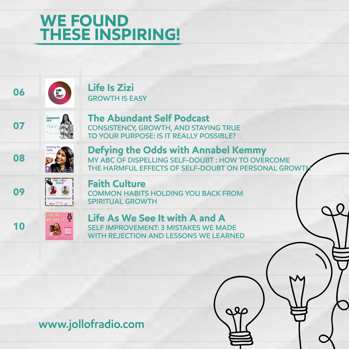 myjollofradio's tweet photo. You will find these inspiring, that's why we have compiled this just for you. What’s your go-to podcast episode?  Let us know! 
Listen below 🎙 
https://t.co/tojkbN5HvP

 #jollofradiomedia #podcasts https://t.co/putI0tYdKU