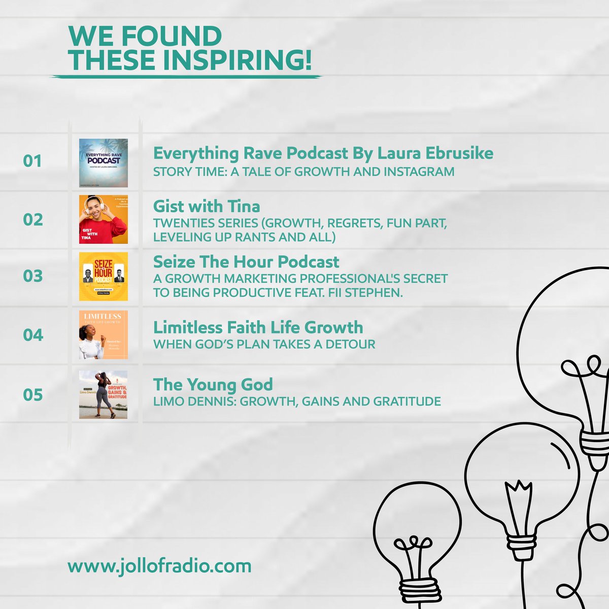 myjollofradio's tweet photo. You will find these inspiring, that's why we have compiled this just for you. What’s your go-to podcast episode?  Let us know! 
Listen below 🎙 
https://t.co/tojkbN5HvP

 #jollofradiomedia #podcasts https://t.co/putI0tYdKU