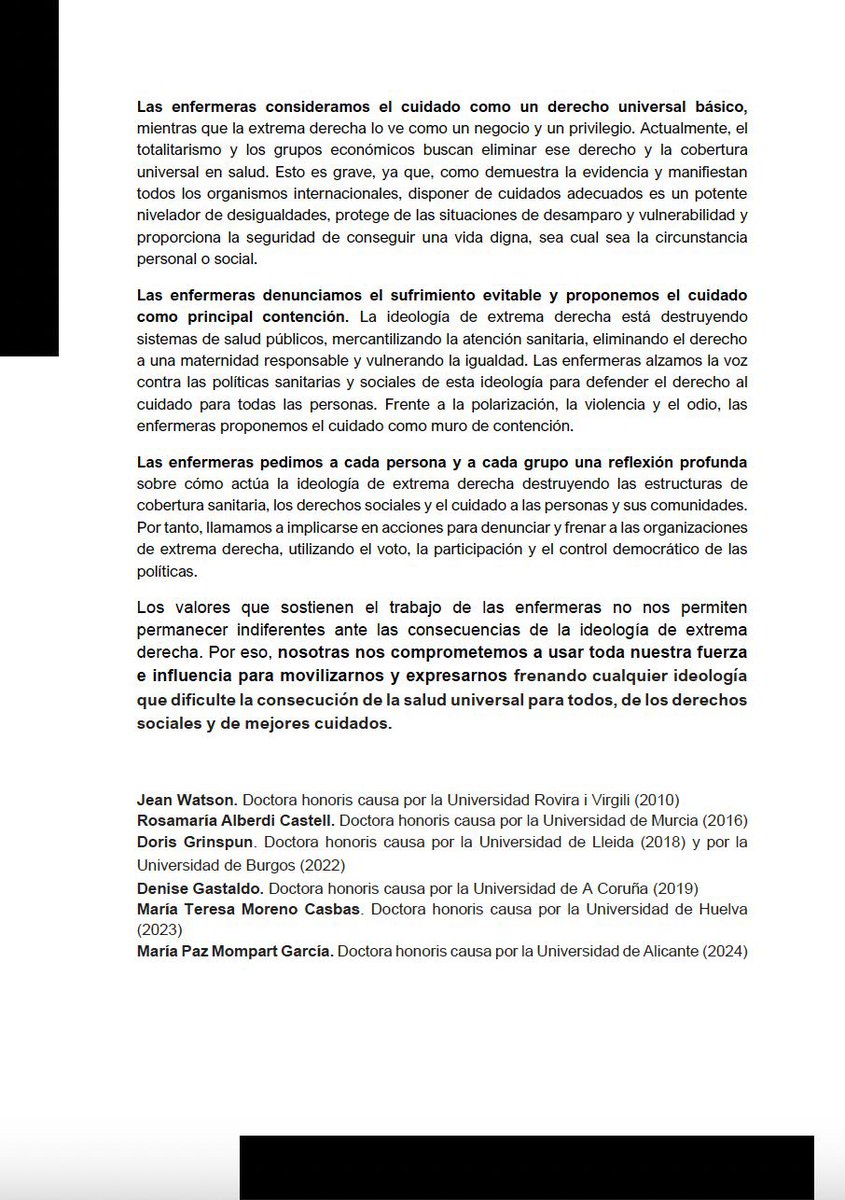 MANIFIESTO ENFERMERO a favor de los cuidados a todas las personas, especialmente a las más vulnerables; en contra de la ola reaccionaria de extrema derecha, el totalitarismo y el fascismo.