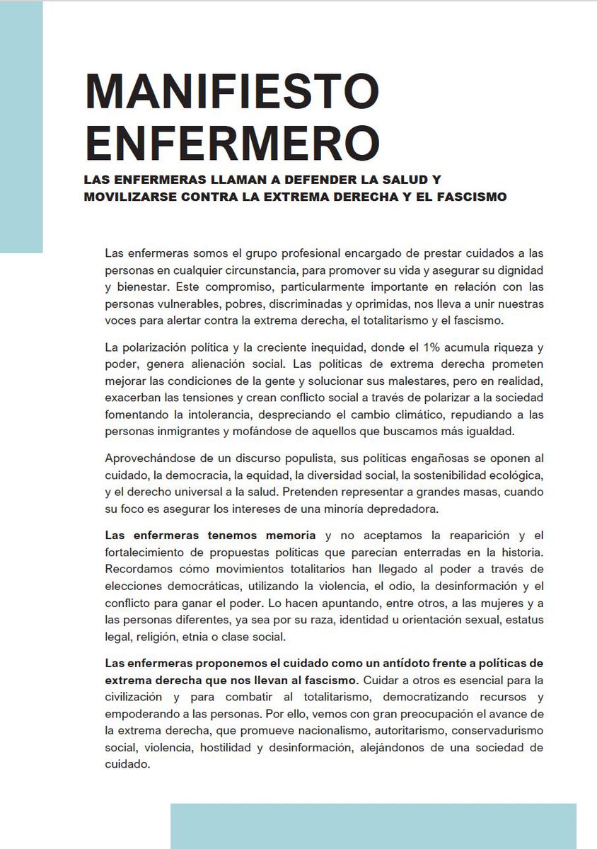 JairoCascante's tweet photo. MANIFIESTO ENFERMERO a favor de los cuidados a todas las personas, especialmente a las más vulnerables; en contra de la ola reaccionaria de extrema derecha, el totalitarismo y el fascismo. https://t.co/n4ZQqevLGd