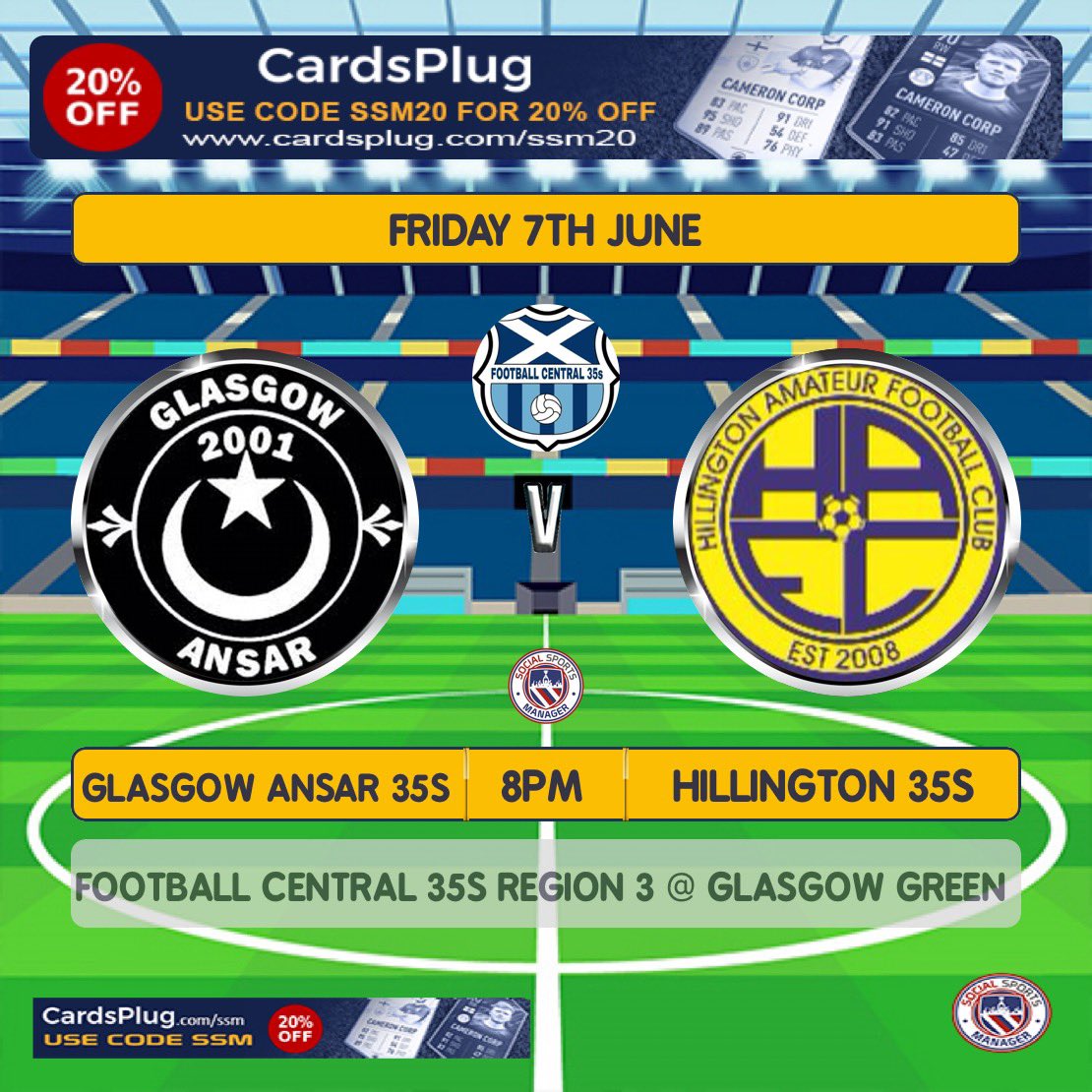 <a href="/AfcHillington/">Hillington AFC</a> <a href="/centregions35s/">Football Central 35s</a> <a href="/scottish_aff/">AmateurFixturesResultsSCO</a> 
Tonight Hillington take on <a href="/GlasgowANSAR101/">Glasgow ANSAR</a> at Glasgow Green in their Football Central 35s region 3 fixture . A first meeting between the clubs .
💙💛💙💛