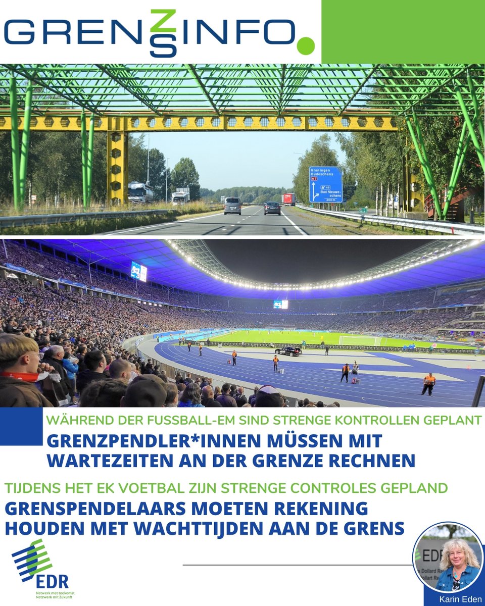 Eems Dollard Regio - Ems Dollart Region (@edr_eu) on Twitter photo Während der EM muss an allen Grenzübergängen mit Einreisekontrollen gerechnet werden: edr.eu/grenzpendler-m…
__
Tijdens het Europees kampioenschap voetbal moeten reizigers naar Duitsland bij alle grensovergangen rekening houden met controles.
Meer lezen: edr.eu/grenspendelaar… Während der EM muss an allen Grenzübergängen mit Einreisekontrollen gerechnet werden: edr.eu/grenzpendler-m…
__
Tijdens het Europees kampioenschap voetbal moeten reizigers naar Duitsland bij alle grensovergangen rekening houden met controles.
Meer lezen: edr.eu/grenspendelaar…