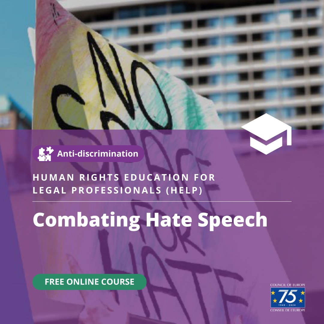 CoE_Antidiscri's tweet photo. 🆕Updated course on #CombatingHateSpeech available on the @coe HELP online platform, covering: 

▶️key concepts &amp; legal frameworks; 
▶️examples of non-legal measures; 
▶️recent ECtHR case-law. 

Available in English, Albanian, Bulgarian and Serbian

🔗 https://t.co/GZQubEMKUd https://t.co/OqsrLvMWly