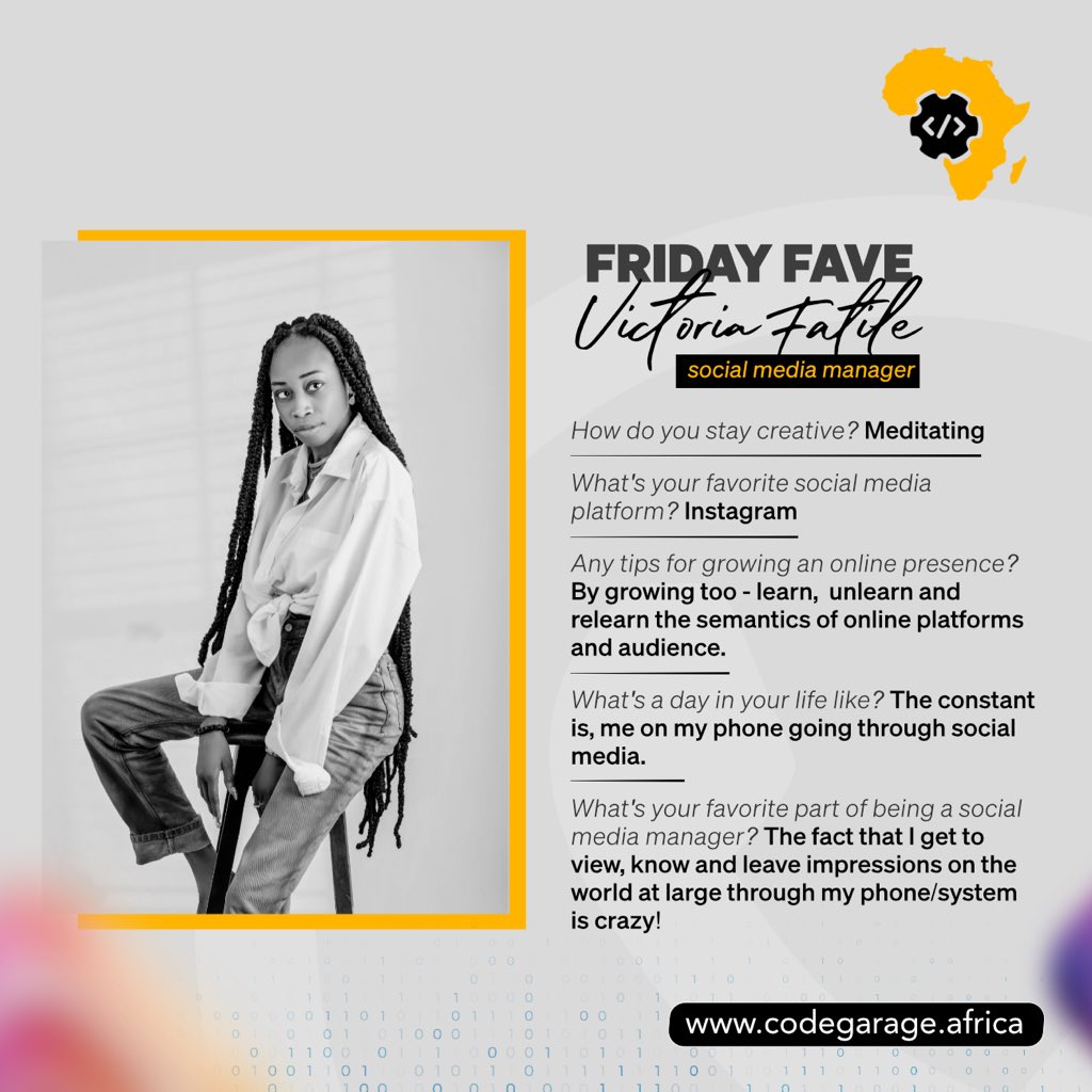 CodegarageA's tweet photo. Meet @FatileVictoria, our Friday Fave and Social Media Manager extraordinaire! 
----
Our September cohort (to learn tech skills) is coming soon!
Watch this space!

#TGIF #FridayFave #CodeGarageAfrica https://t.co/VoOAZLTFyf