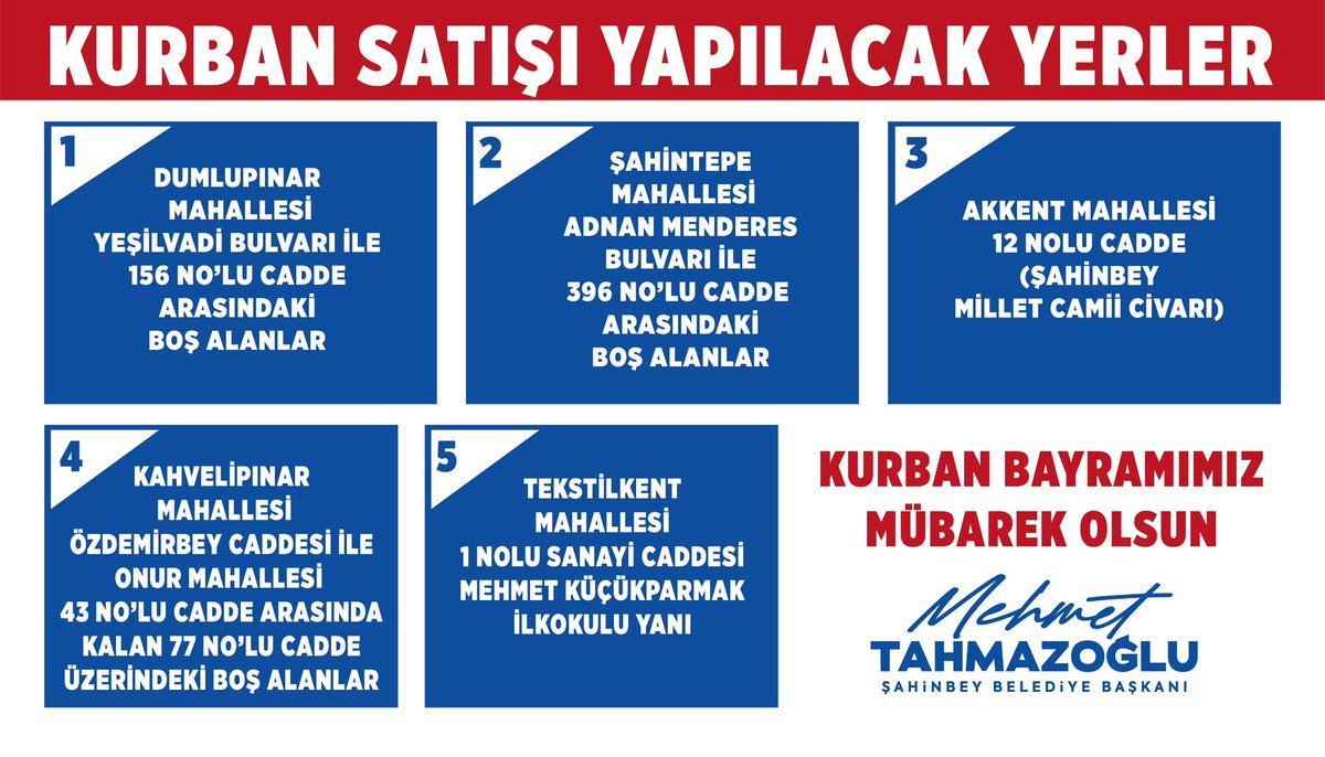 sahinbeybel's tweet photo. Bayram hazırlıklarımız için itinayla çalışıyoruz.

Vatandaşlarımızın kurban ibadetlerini yerine getirebilmesi için kesim ve satış yerlerimizi hazırladık.

Kurban satışı ve kesimi yapılacak yerler:👇🏻

#Şahinbey #Gaziantep https://t.co/2P57ZMdNOB