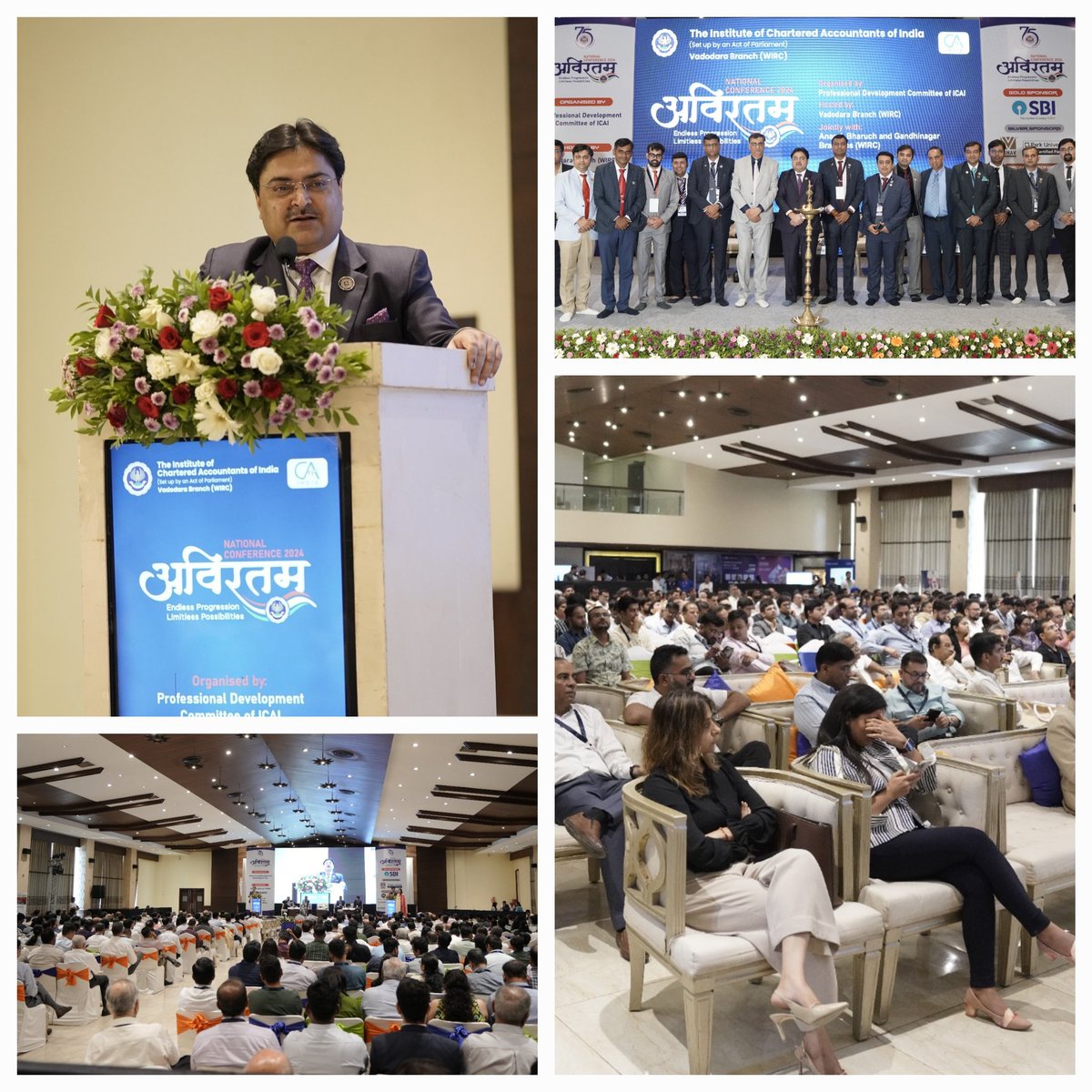theicai's tweet photo. CA. Ranjeet K. Agarwal, President-ICAI with CCMs, WIRC &amp; Branch MC Members &amp; other dignitaries shared his thoughts with the Member Fraternity at the Inaugural Ceremony of the National Conference 'Avirtam' organized by PDC - ICAI at Vadodara on 07.06.2024
#ICAIat75 #DRISHTI https://t.co/snSq1OG46l