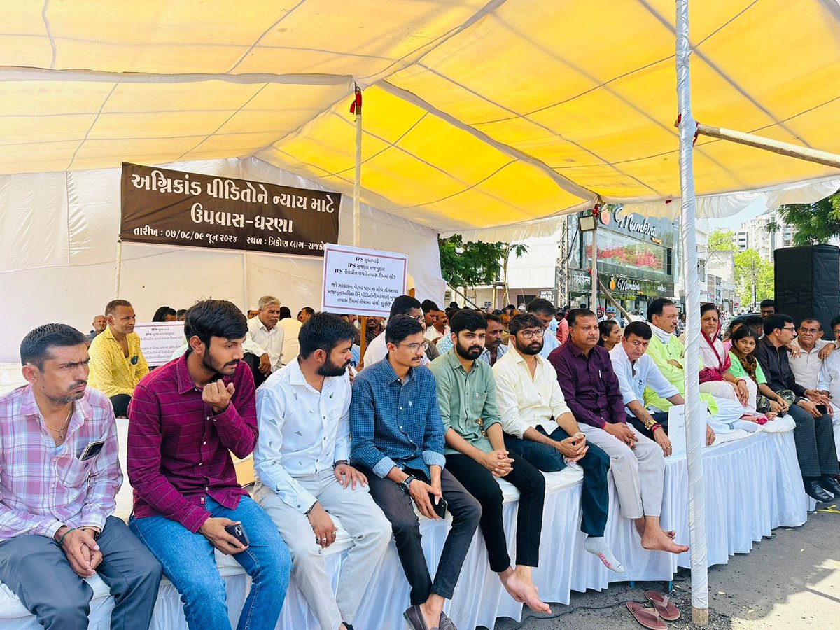 jigneshmevani80's tweet photo. Over 28 people were burnt to death in Gujarat's Rajkot city due to negligence of the administration and the state government. 

This is not the first such incident in Gujarat. Last year, we lost 165 lives in Morbi due to administrative lapses. 

To expedite justice and set up a worthy investigation team in the Rajkot fire tragedy case, the Congress party members are sitting on a three-day fast in Rajkot. 

Today is the first day of our fast.