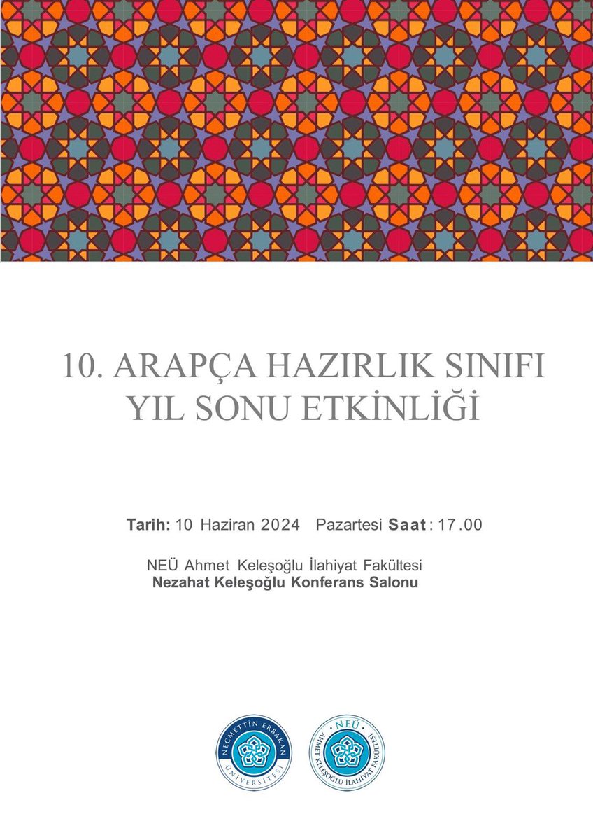 10. Arapça Hazırlık Sınıfı Yıl Sonu Etkinliği📣

🗓️ 10 Haziran 2024
🕖17.00
📍NEÜ AKİF Nezahat Keleşoğlu Konferans Salonu

Tüm öğrencilerimiz davetlidir. 😊