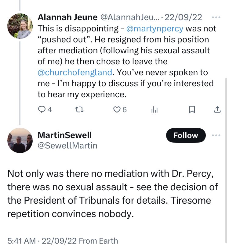 AlannahJeune's tweet photo. @AndrewGraystone @synod A tiny selection of tweets from Mr Sewell talking about my case of sexual assault/harassment by Martyn Percy. This is how Mr Sewell treats women who speak up. Safeguarding in the church will not improve while men like Mr Sewell harass victims to support their powerful friends. https://t.co/qZ8KhlDL9T