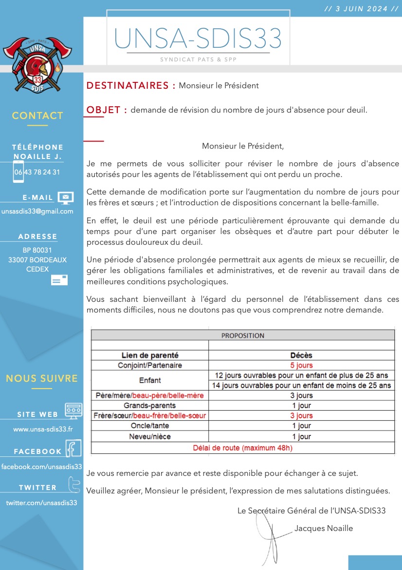 [COURRIER] Demande de révision du nombre de jours d'absence pour deuil