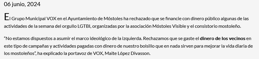 RepublicanosMST's tweet photo. Nuevo ataque de VOX-Móstoles al gobierno de coalición del que forma parte junto al PP. Esta vez la crítica se dirige contra la participación del Ayuntamiento en las actividades de la semana del orgullo LGTB, con argumentos alucinantes viniendo de la ultraderecha. https://t.co/FspmlIdPpQ