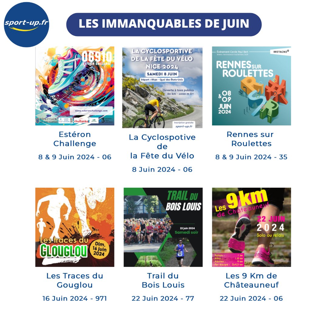 ResSportUp's tweet photo. Nos courses en juin ! 🏁

8 juin : La Cyclosportive de la Fête du Vélo
8 et 9 juin : Estéron Challenge
8 et 9 juin : Rennes sur Roulettes
16 juin : Les traces du Glouglou
22 Juin : Trail du Bois Louis
22 Juin : Les 9 km de Châteauneuf

Plus d'infos au  https://t.co/1zZo5OSCqY 📲 https://t.co/5PB428reYF