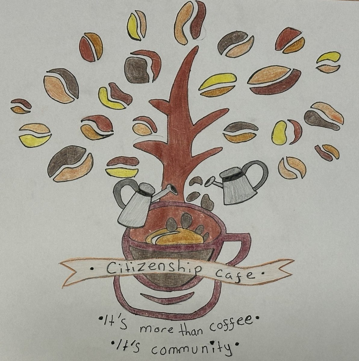 Our new logo create by Clayton Smith, Anna Ferrans and Ezme Hill!  Well done it truly reflects what the Citizenship Café stands for. #pupilled #creativity <a href="/Lornshill/">Lornshill Academy</a> <a href="/LornshillSocSub/">Lornshill Academy Social Subjects</a>