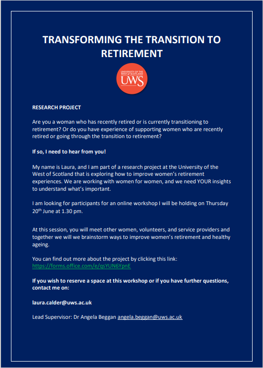Are you a woman who has recently retired or currently transitioning to retirement? 
Do you have experience of supporting women who are recently retired or going through the transition to retirement? 

We need YOUR insights! Sign up here 👉forms.office.com/e/qsYUN6YpnE