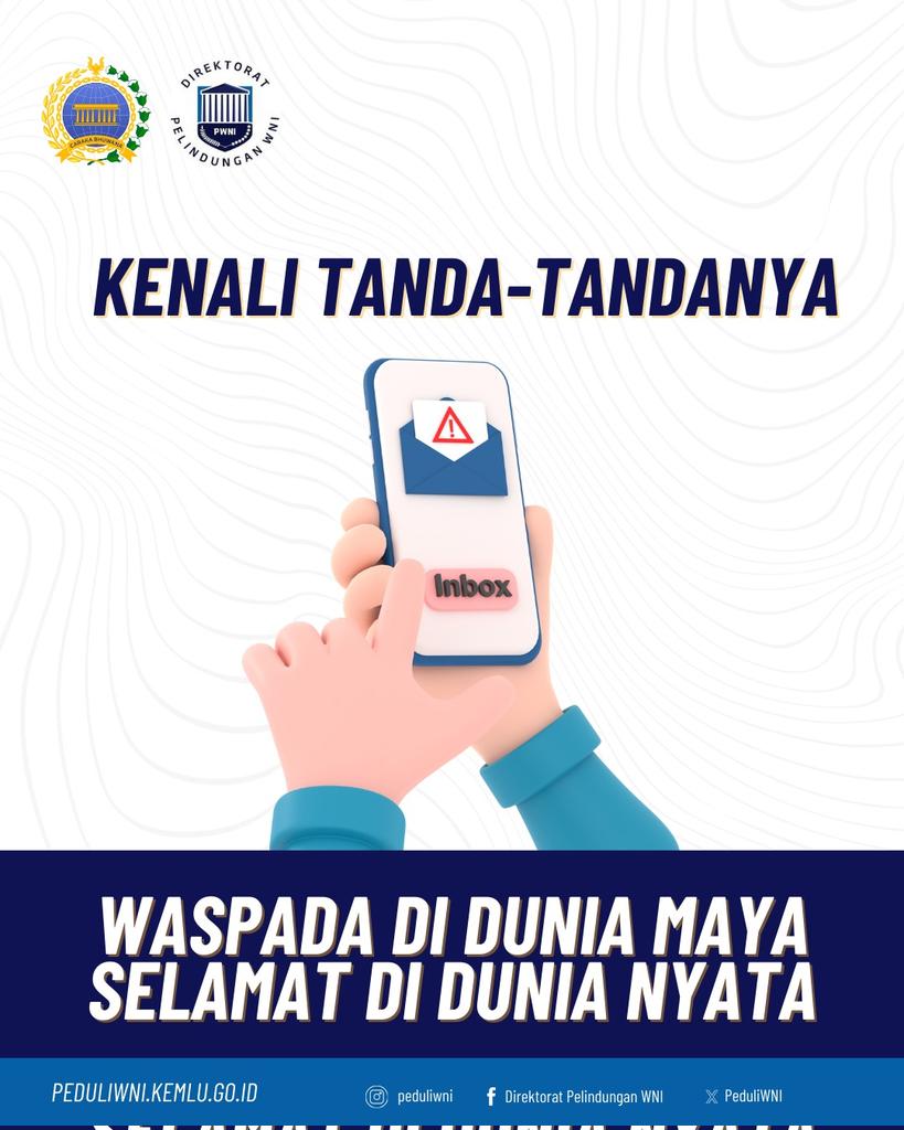 Halo, #SobatWNI #TemanProtkons! Jangan mudah tertipu! Waspadai tawaran kerja mencurigakan di luar negeri. Cari tahu kebenaran informasi lowongan yang Anda temui di media sosial, agar tidak terjebak sindikat perusahaan online scam.

#NegaraHadir #NegaraMelindungi
#IniDiplomasi
