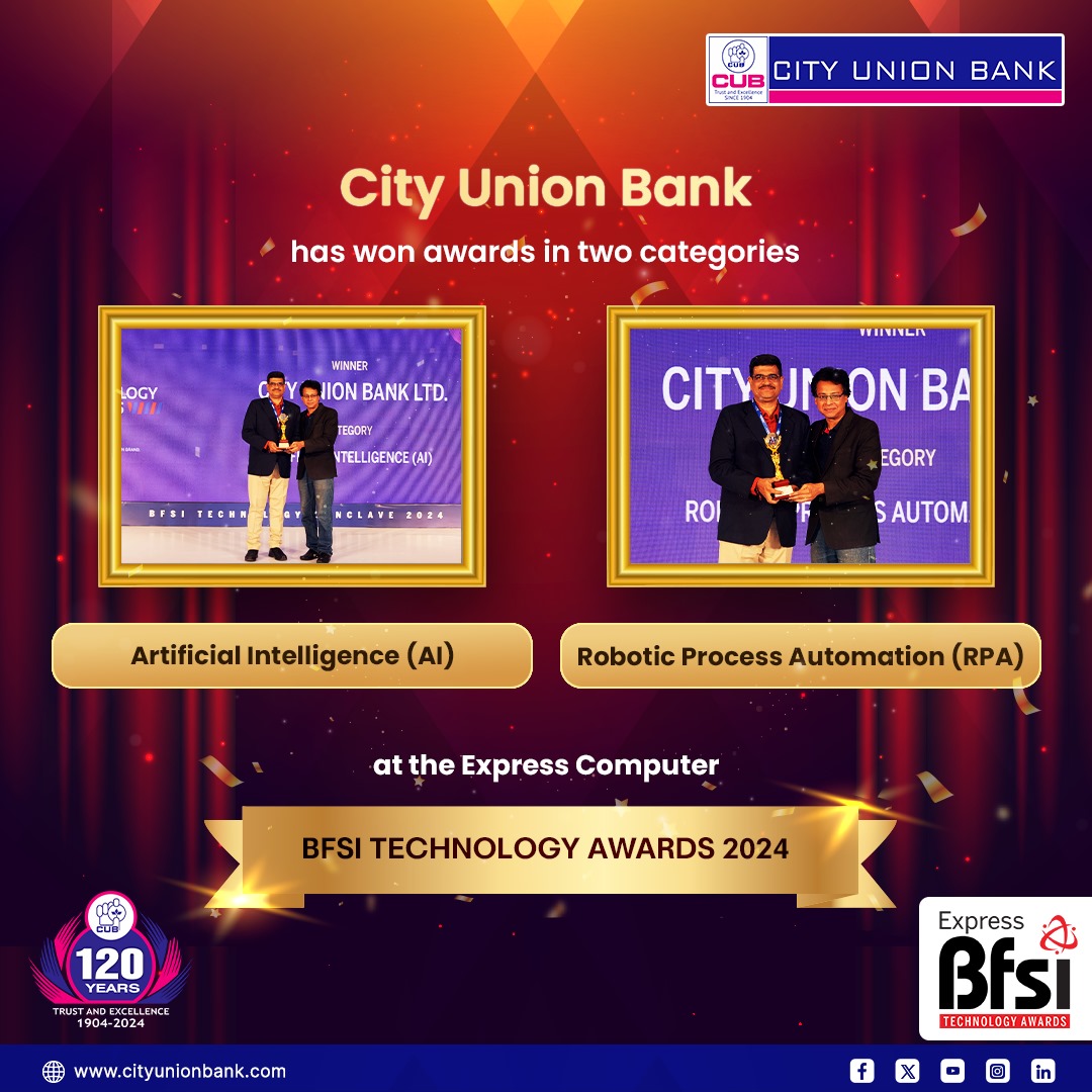 cubltd's tweet photo. City Union Bank has received 2 awards for Artificial Intelligence and Robotic Process Automation at the Express Computer BFSI Technology Awards 2024.
#BankingAwards #BFSITechnologyAwards #120YearsBanking #cubltd #cityunionbank #CUBConvenientBanking https://t.co/3SzXP9NuNy