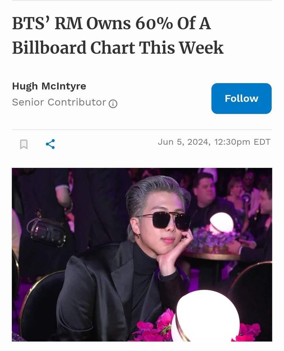 Forbes about Namjoon owning 60% of Billboard Chart this Week: 

"It’s not common for any musician to occupy half of all the spaces on a Billboard chart at one time, though it’s also not unheard of. This kind of performance is reserved only for the biggest names in the music