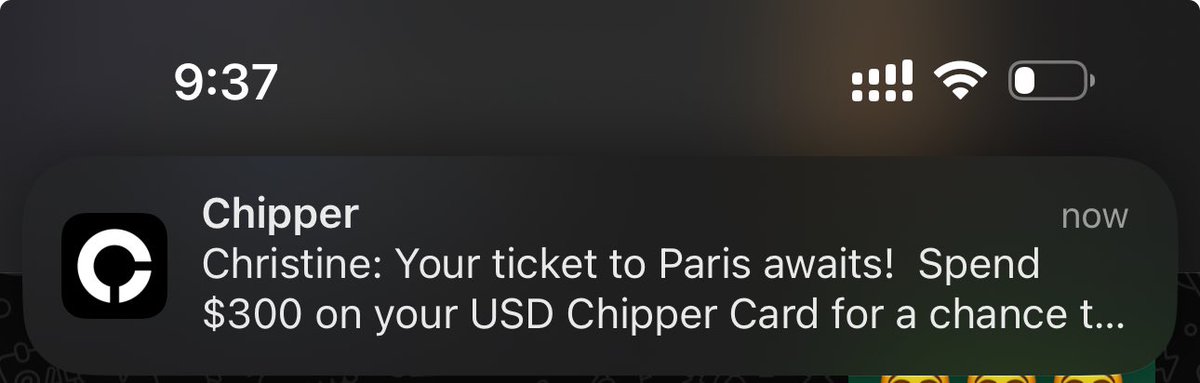 loftycodes's tweet photo. @chippercashapp I’ve spent way more than this using my USD virtual card so I better get that Paris ticket 😊 https://t.co/o9bieABppg