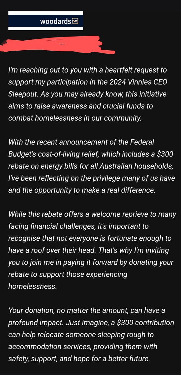 The irony of real estate agents asking for your money to go to an issue that they’re directly responsible for will never be lost on me. Also the fact it’s Woodards is even worse.