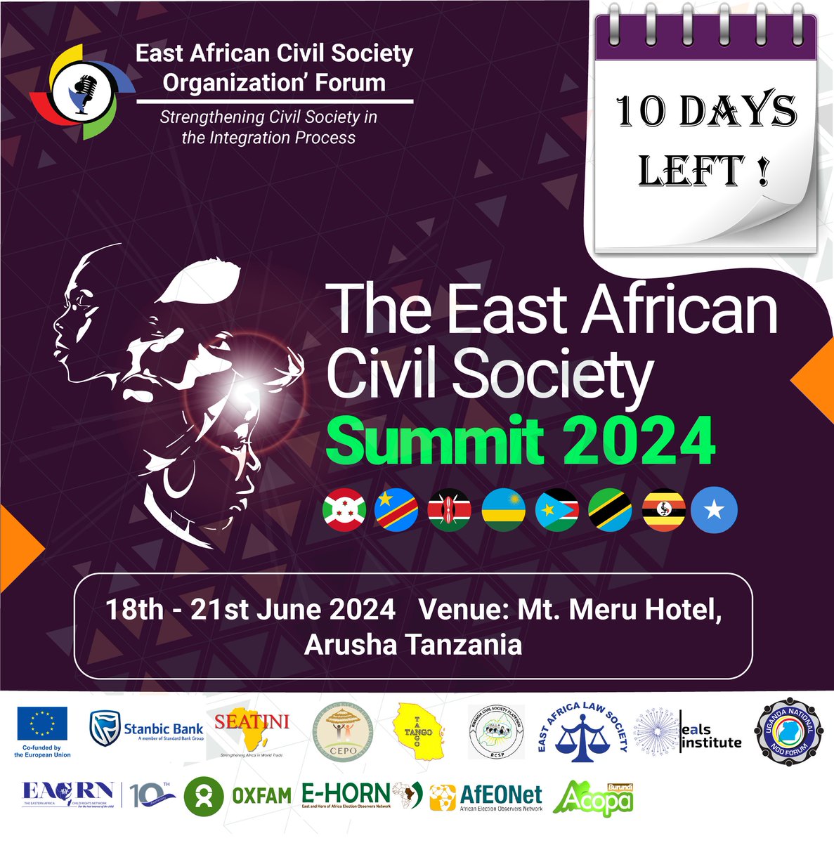 eacsof's tweet photo. 📅 Only 10 days left until the East African Civil Society Summit 2024! 🌍 Don't miss your chance to be part of this impactful event.
Register now Register now on the link: https://t.co/ItIgp3gc4D
#summit #civilsociety #EastAfricans #countdowntosummit https://t.co/glJIiIvgdq
