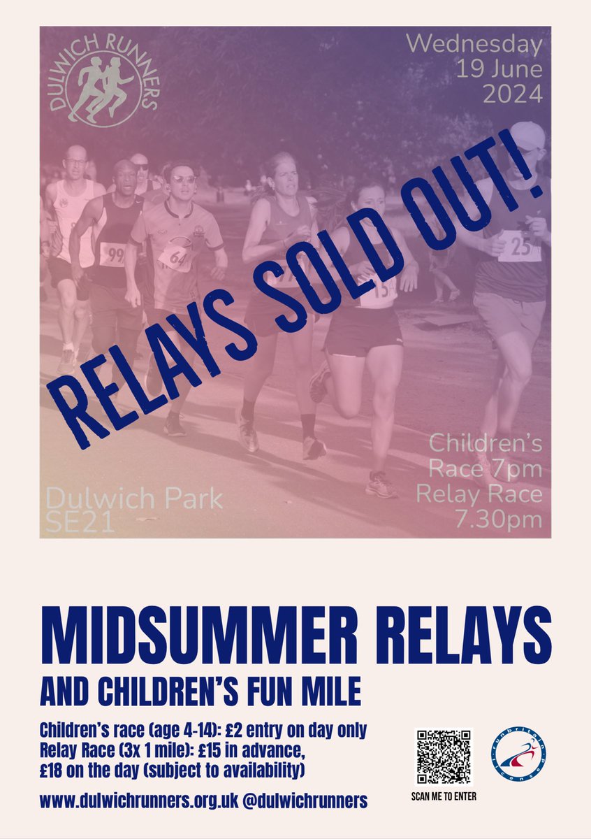 Our relays are now sold out. Don’t forget that the children’s race is entry on the day - will be great to see another great turn out!