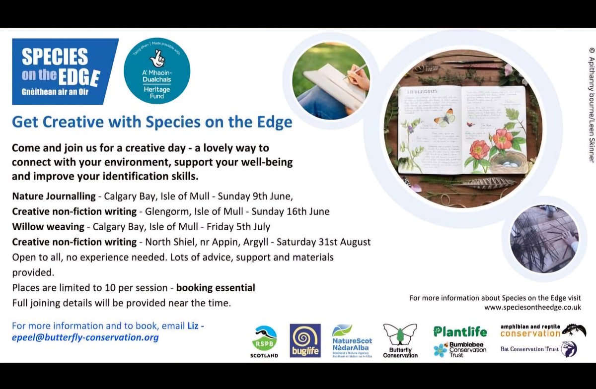 Claire Arnold - Member Pioneer (@arnoldmember) on Twitter photo Wondering what to do for Great Big Green Week next week? Feeling creative? 🎨✏️ Why not join Species On The Edge for one of their upcoming creative events.
For more information about any of these events and to book email epeel@butterfly-conservation.org Wondering what to do for Great Big Green Week next week? Feeling creative? 🎨✏️ Why not join Species On The Edge for one of their upcoming creative events.
For more information about any of these events and to book email epeel@butterfly-conservation.org