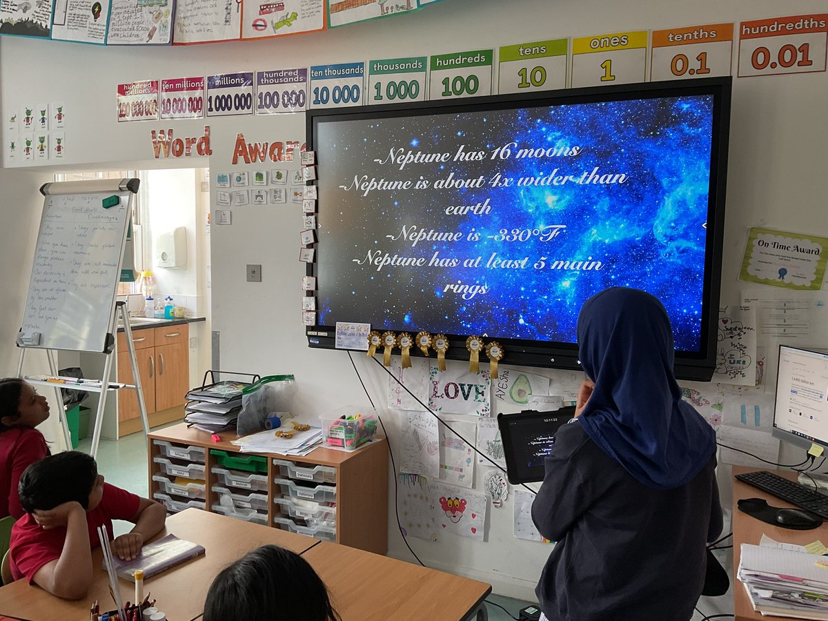 MayflowerSch's tweet photo. We have been performing presentations about our planet for our #English space non-chronological report. We included a mini quiz at the end to test everyone what they had learnt! #uks2 #hockneyclass https://t.co/C8GAhNZXze