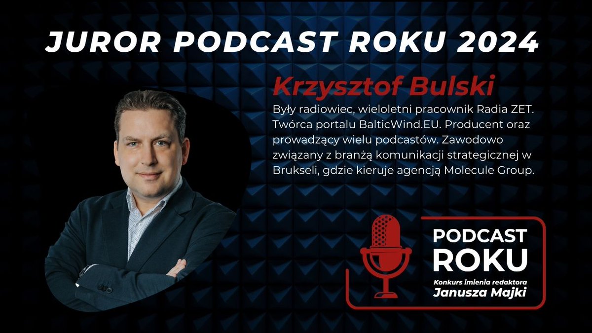 podcastroku's tweet photo. Kolejnym z Jurorów w Konkursie Podcast Roku 2024 będzie...

🎙️ @chrisbulski 🎙️

Były radiowiec, wieloletni pracownik @radio_ZET. Twórca portalu @BalticWindEU. Producent oraz prowadzący wielu podcastów. Zawodowo związany z branżą komunikacji strategicznej w Brukseli, gdzie kieruje agencją @moleculegroup. ✨
#Podcast #PodcastRoku