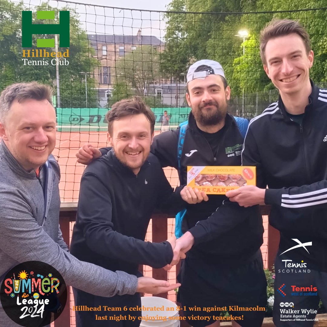 A fantastic 8-1 victory for our men's 6th team last night against Kilmacolm! Here they are enjoying some victory teacakes. Well done, team! #HillheadSummerLeague #VamosHillhead