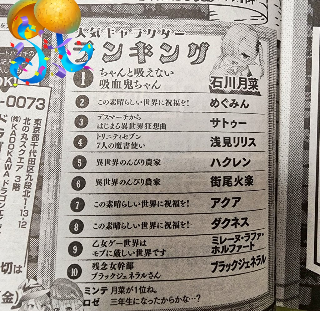本日発売の月刊ドラゴンエイジ7月号に『#ちゃんと吸えない吸血鬼ちゃん』最新77,78話載せていただいてます!

たくさんのおたよりもありがとうございます〜!🙇‍♀️ 
人気キャラランキングが!なんと!吸血鬼ちゃんが✨1位✨とのことで!!😭✨ 
いつも応援ありがとうございます、これからも頑張ります! 