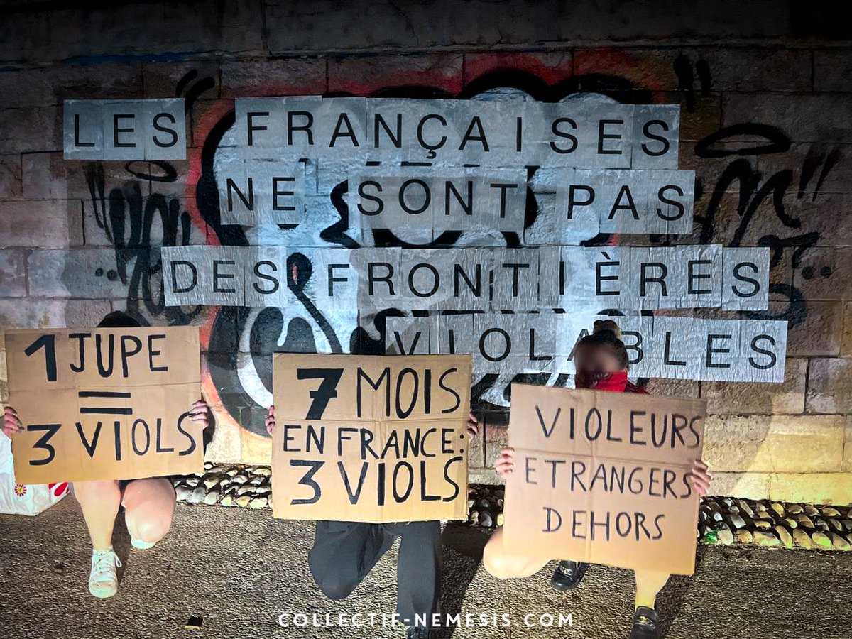 Coll_Nemesis's tweet photo. Nos militantes lyonnaises se sont rendues à l’endroit où une jeune femme a été violée à 3 reprises par un Algérien en situation irrégulière présent depuis 7 mois en France. 

Elles ont souhaité rappeler une chose essentielle que beaucoup de clandestins semblent ignorer : 

⚠️LES FRANÇAISES NE SONT PAS DES FRONTIÈRES VIOLABLES.⚠️

➡️Pour militer avec nous à Lyon contactez-nous ici : https://t.co/XNVvMqcuWy