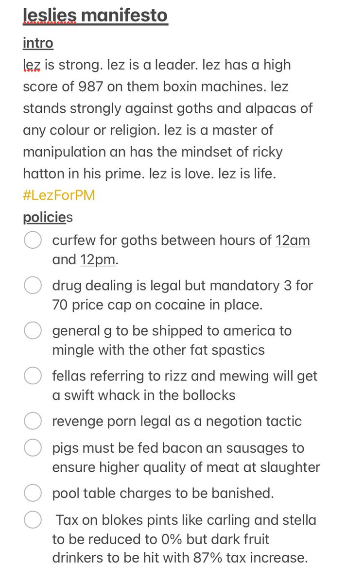 offically puttin my name forward for PM. manifesto below. change starts with your vote. #LezForPM