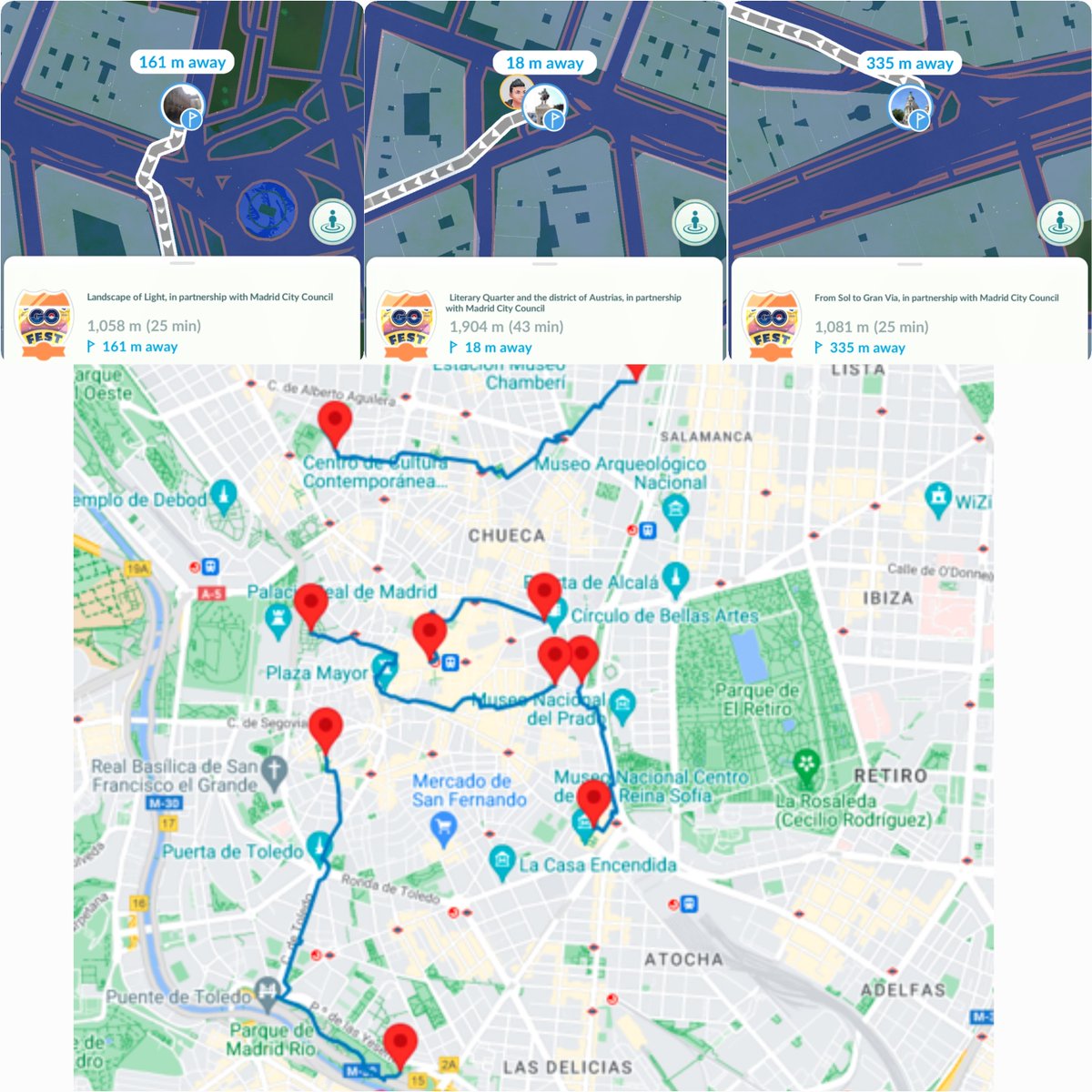 Pokémon GO ha añadido varias rutas oficiales en colaboración con el Ayuntamiento de Madrid con motivo del evento del Pokémon GO Fest:

➡️ Paisaje de la Luz: Museos de El Prado, Thyssen y Reina Sofía 
➡️ Barrio de las Letras: Casco antiguo de Madrid, Plaza Mayor y Palacio Real
➡️