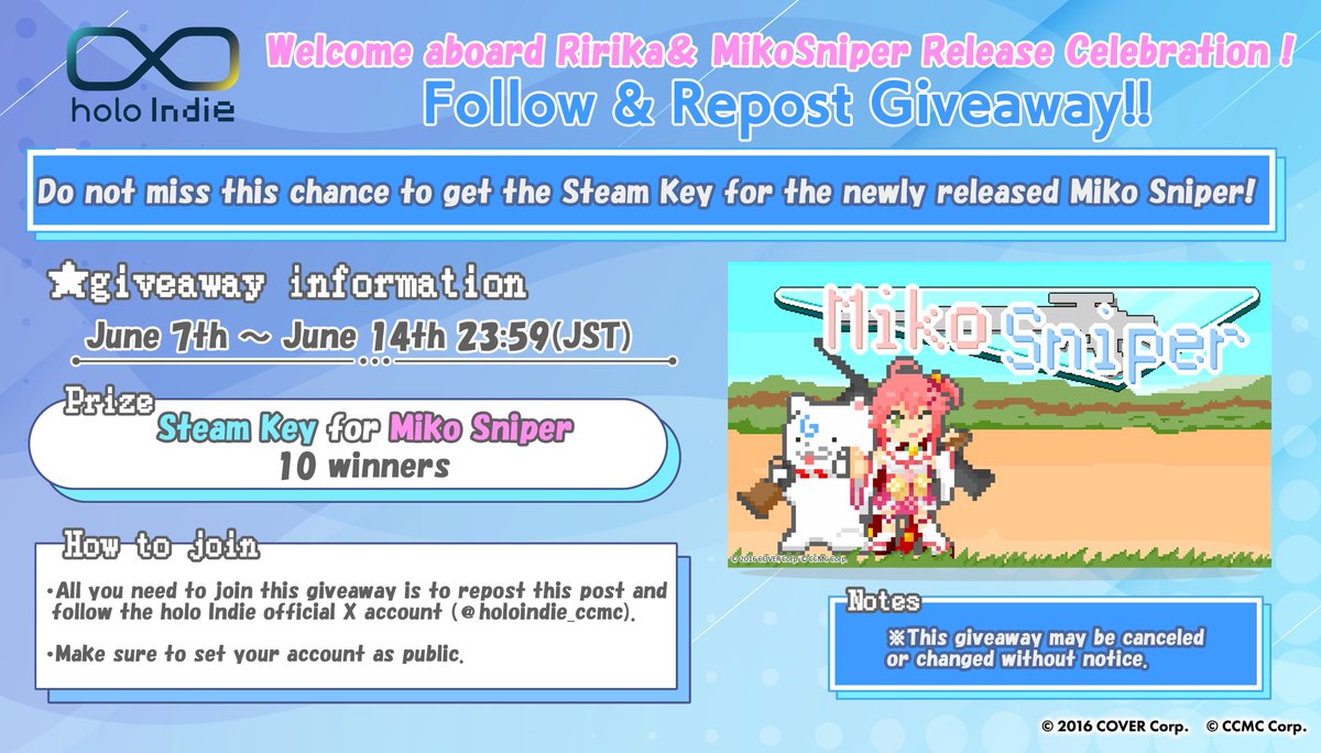 \🎁Giveaway🎁/
To commemorate the launch of "Miko Sniper, we will be giving away 10 Steam codes for #MikoSniper🌸
🔽How to enter into the lottery:
✅Follow <a href="/holoindie_ccmc/">holo Indie Official</a>
✅Repost this tweet
Entry Period - June 14 (JST). Winners will be contacted.
#holoindie