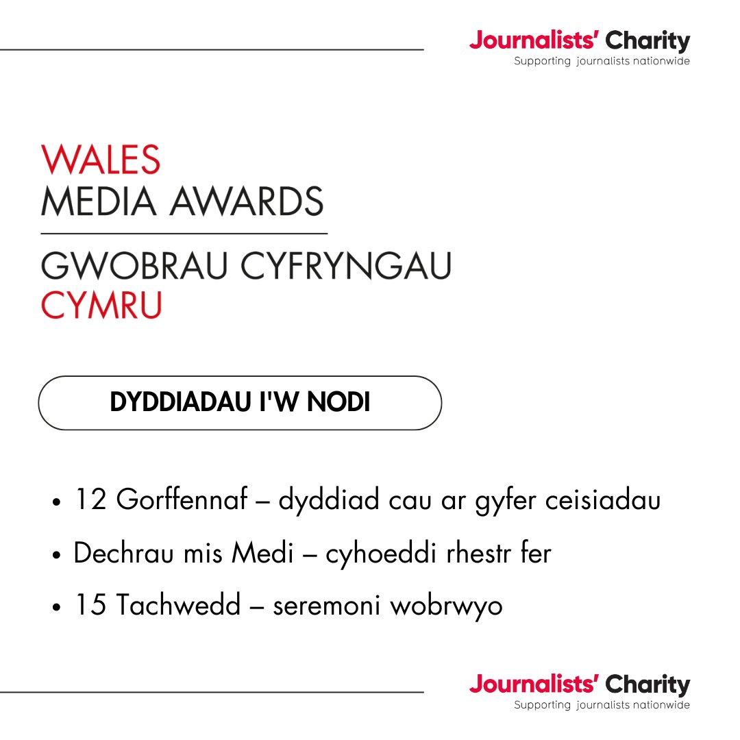 Mae ceisiadau Gwobrau Cyfryngau Cymru 2024 ar agor 📢
 
Cyhoeddi rhestr fer mis Medi 👀
 
Cinio gwobrwyo 15 Tachwedd 🏆
 
Cer i’r wefan a chofrestru cyn y dyddiad cau ⌛
 
#w_m_a2024   #gwobraucyfryngaucymru

journalistscharity.org.uk/cyhoeddi-gwobr…