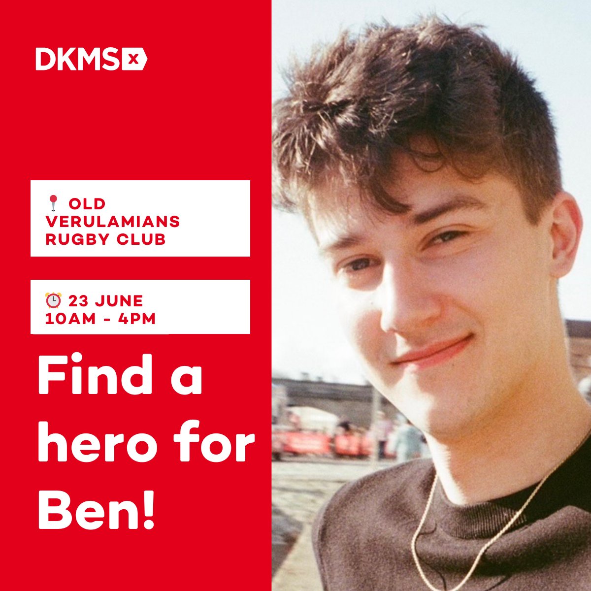 St Albans 📢 Find a Hero for Ben. Ex Verulam Sixth Former 24yr old Ben was living his ‘best life’ when his world was shattered by a blood cancer diagnosis. Ben URGENTLY needs to find a matching donor to give him a chance at survival. Sun 23/06/24 Verulamians Rugby Club. PLEASE 🔁