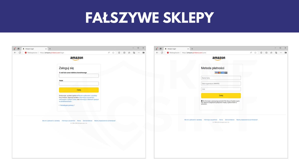 CSIRT_KNF's tweet photo. Cyberprzestępcy nie ustępują w tworzeniu nowych stron phishingowych. 

Tylko w maju 2024 zespół @CSIRT_KNF zgłosił do zablokowania 5646 niebezpiecznych domen.  

W poniższym wpisie wskazujemy na najczęściej występujące kategorie domen, które oszuści wykorzystywali w atakach na użytkowników cyberprzestrzeni.

Fałszywe inwestycje  
Cyberprzestępcy publikowali reklamy na platformie @facebook, w których podszywali się pod @PKOBP i oferowali specjalny program inwestycyjny, przynoszący ogromne zyski. Reklamy kierowały do niebezpiecznych stron z formularzem, w trakcie którego wyłudzane były środki finansowe użytkowników.

Bankowość elektroniczna  
Fałszywe strony, w których cyberprzestępcy podszywali się pod bankowość elektroniczną przypominały te oryginalne. Jeśli ofiara wprowadziła swoje dane logowania na niebezpiecznej stronie – trafiały one bezpośrednio w ręce przestępców.

Fałszywe sklepy   
W ostatnim miesiącu cyberprzestępcy tworzyli fałszywe strony podszywające się pod firmę @amazon. Na niebezpiecznych stronach wymagane było wprowadzenie danych logowania do konta oraz informacji o karcie płatniczej.